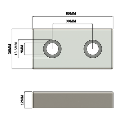 32-3060WS-0 FOOT & CASTER CONNECTING PLATE<BR>30MM X 60MM FLAT NO HOLES, SOLID ALUMINUM